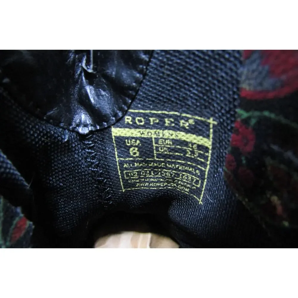 Roper Brand Youth Size 6 M Black Leather Floral Cowboy Western Boots